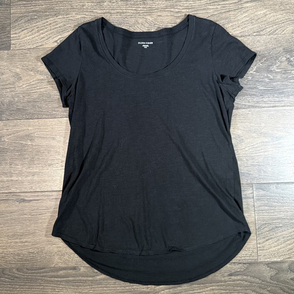 Eileen Fisher Sz M Black Organic Cotton Scoop Neck Tee Hi Low Tunic Minimalist